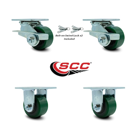 Service Caster 3.25 Inch Green Poly on Cast Iron Caster Set with Roller Bearing 2 Brake 2 Rigid SCC-30CS3420-PUR-GB-SLB-BSL-2-R-2